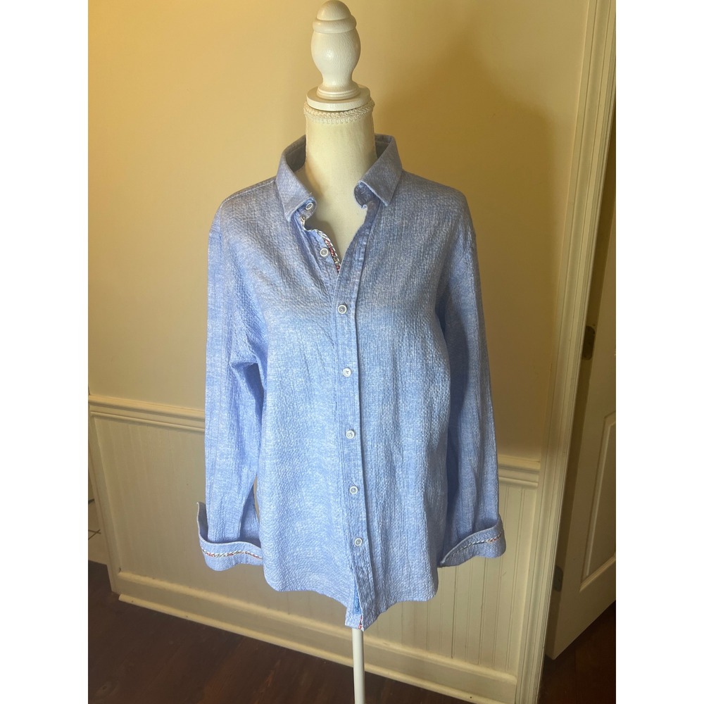 Robert Graham Mens Tailored Fit Blue Puckered Seersucker Button Down Shirt Large